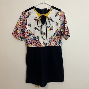 Lyn Around S Romper Floral Bunny Print Navy Blue White Short Sleeve Thick Fabric